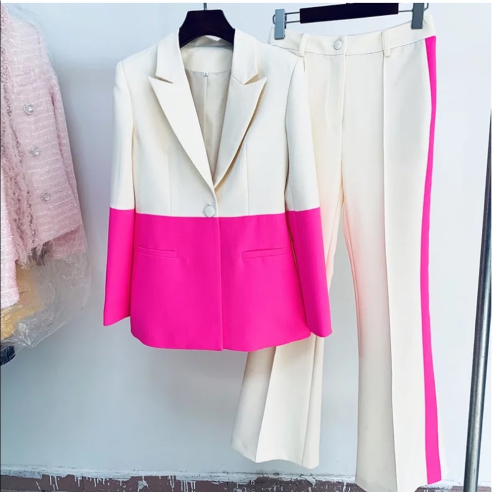 GAWQO ONE-BUTTON CONTRAST BLAZER AND FLARE PANT SET - Picture 8 of 9